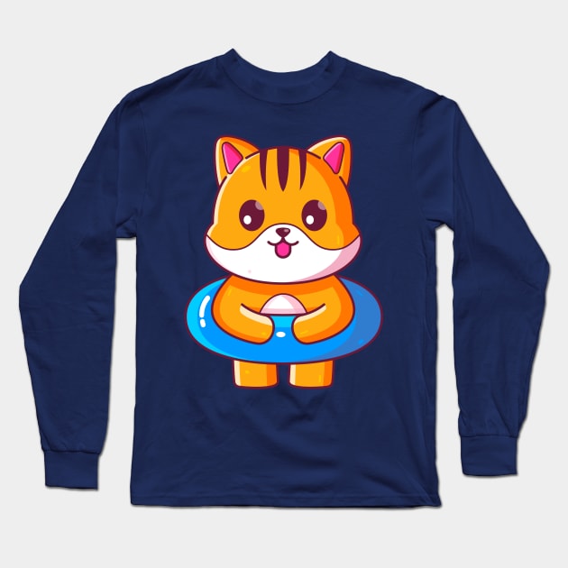 Cute cat with swimming ring summer vacation Long Sleeve T-Shirt by Ardhsells